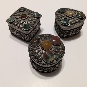 Decorative Silver Trinket Boxes with Authentic Inlaid Gemstones, India